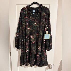 CeCe Black Floral Ruffle Tiered V-Neck Dress